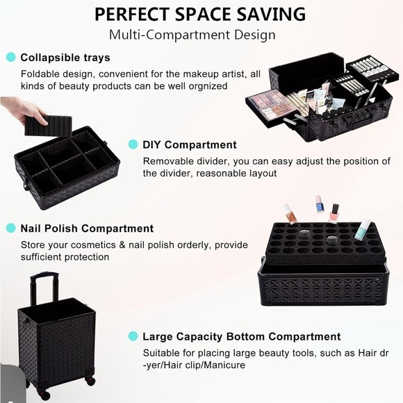 5 in 1 Professional Makeup Train Case Aluminum Cosmetic Case Rolling Makeup Case - Picture 6 of 9